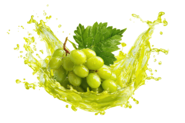 Vibrant green grapes with a leaf at the center, surrounded by splashing juice on black backdrop
