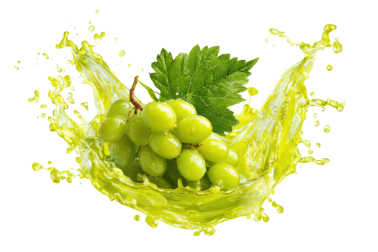 Vibrant green grapes with a leaf at the center, surrounded by splashing juice on black backdrop