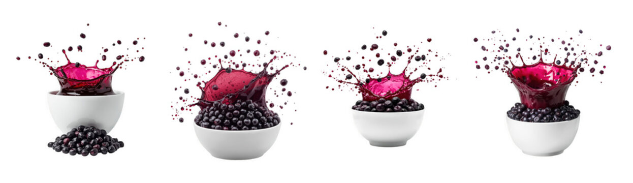 Black chokeberries falling into a bowl with juice splash isolated on transparent background, set of four images showing the same process from different angles