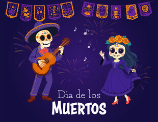 Festive Dia de los Muertos couple poster with papel picado and music