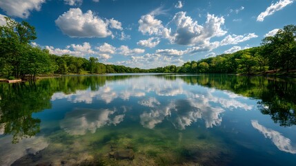 Picturesque scene showcasing a tranquil lake reflecting fluffy white clouds and the vibrant blue sky above, bordered by lush green trees and foliage along the distant shoreline, evoking a sense of...