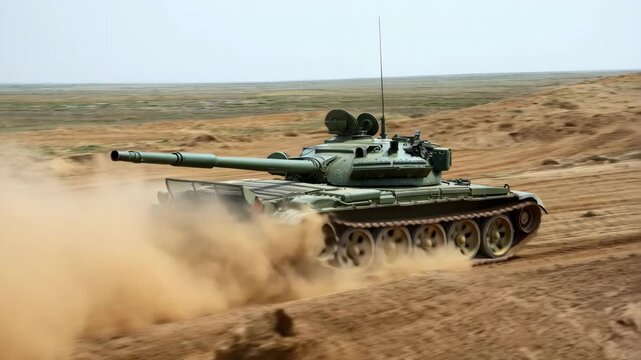 A T-55 tank maneuvers swiftly across rugged desert terrain. Dust clouds rise as it demonstrates its speed and power in a military training event. Onlookers witness its impressive capabilities