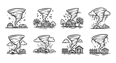 Collection of hand drawn tornadoes affecting rural houses and trees in sketch style vector