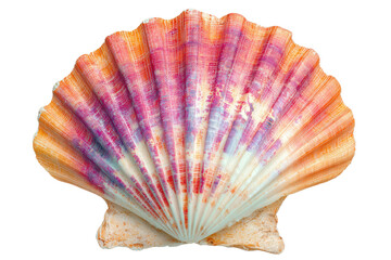 Close-up of a vibrant scallop shell, showing shades of orange, pink, purple, and white