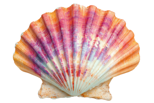 Close-up of a vibrant scallop shell, showing shades of orange, pink, purple, and white