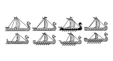 Collection of ancient viking longships displayed side by side in detailed line art vector © Pias