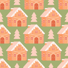 Seamless pattern of Gingerbread house, Christmas trees, snowflakes and stars in warm colors for winter celebration time. Cute Christmas vector illustration.Green background.