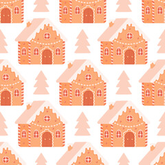 Seamless pattern of Gingerbread house, Christmas trees, snowflakes and stars in warm colors for winter celebration time. Cute Christmas vector illustration on white background.