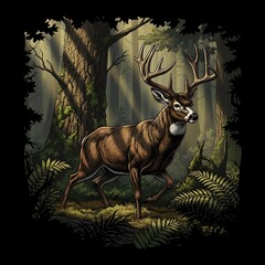 Majestic Deer in Enchanted Forest with Sunlight.