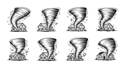 Collection of stylized tornadoes swirling above houses in artistic hand-drawn sketch style vector
