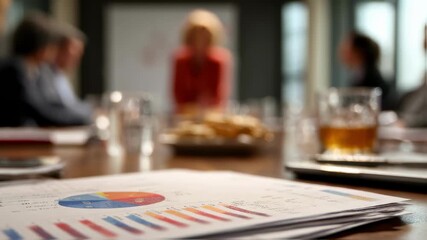 Food and drink consultant reviewing pairing charts with catering clients main subject sharply in focus while the meeting room surroundings gently fade away.