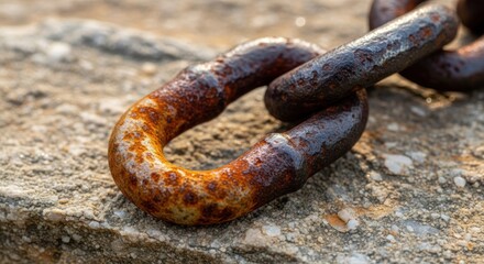 Fototapeta premium Close up on a rusty, weathered metal chain link resting on a rough, textured stone