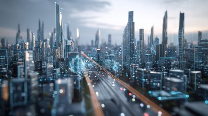 Ai enabled smart cities, futuristic skyline with glowing ai-driven traffic and green energy systems, urban innovation.