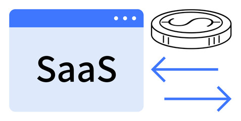 SaaS browser window with coin and bidirectional arrows representing monetary exchange. Ideal for subscription, cloud computing, revenue model, technology, software, business growth, simple flat
