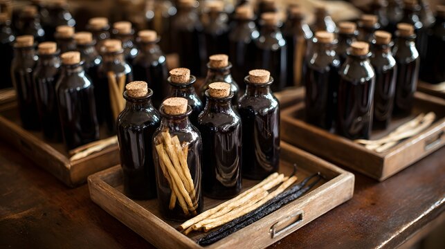 Numerous small glass bottles, capped with corks, contain a dark liquid and aromatic sticks, arranged meticulously in wooden trays on a rustic wooden surface, conveying a sense of preparation and...