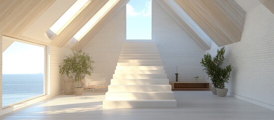 Modern Attic Interior with Stairs and Ocean View