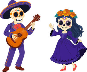 Skeleton mariachi and catrina illustration for Day of the Dead