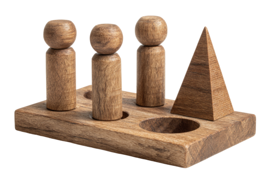 Wooden educational toy with three peg-people and a pyramid-shaped block
