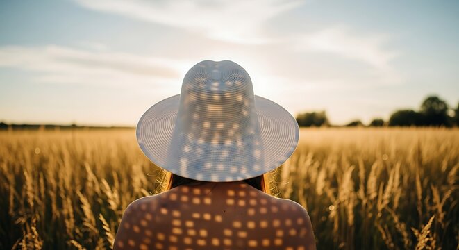 Woman in sun hat in wheat field at sunset.