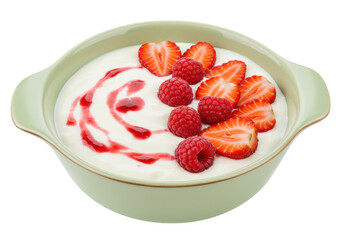 Bowl of yogurt with strawberries and raspberries isolated, healthy breakfast with fruit and berry sauce for dessert or snack