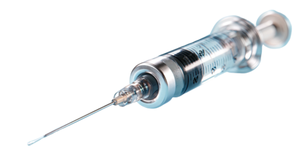 A close-up, isolated image of a medical syringe, featuring a needle, barrel, and plunger
