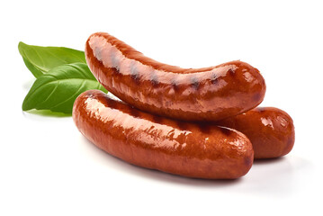 Grilled bratwurst Pork Sausages with basil leaves, close-up, isolated on white background