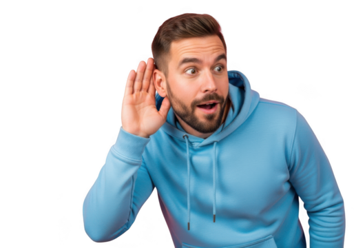 Surprised man listening closely with hand to ear, curious expression, wearing hoodie, png image isolated on transparent background