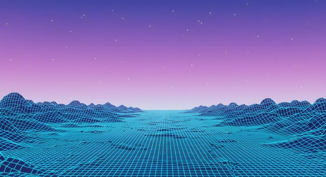 Retro-futuristic digital landscape with a glowing blue grid terrain under a vibrant purple and pink starry sky, evoking a classic 80s synthwave aesthetic.