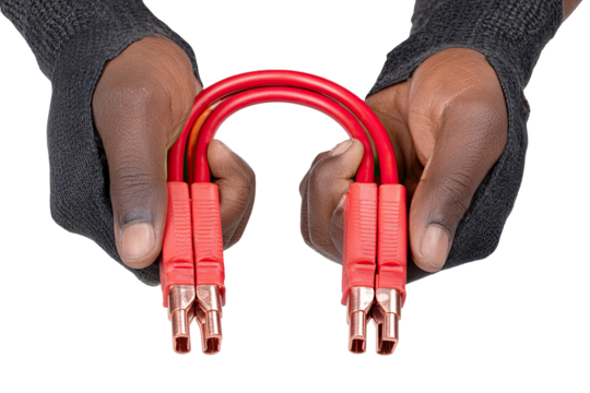 Person holding jumper cables, shot from the chest up against a black background