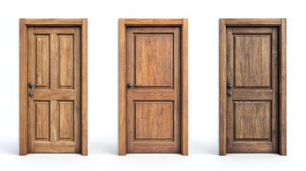 Three wooden interior doors, isolated white background. Stock photo
