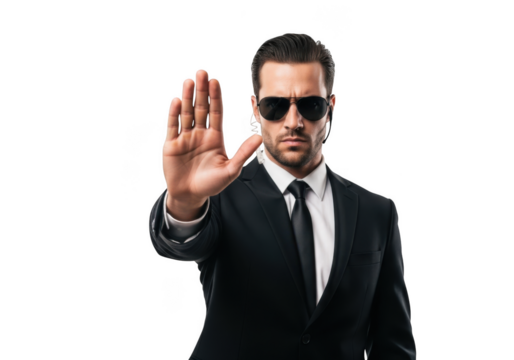 Security guard in suit with hand up stop gesture, bodyguard wearing sunglasses, isolated portrait, isolated on transparent background - Powered by Adobe