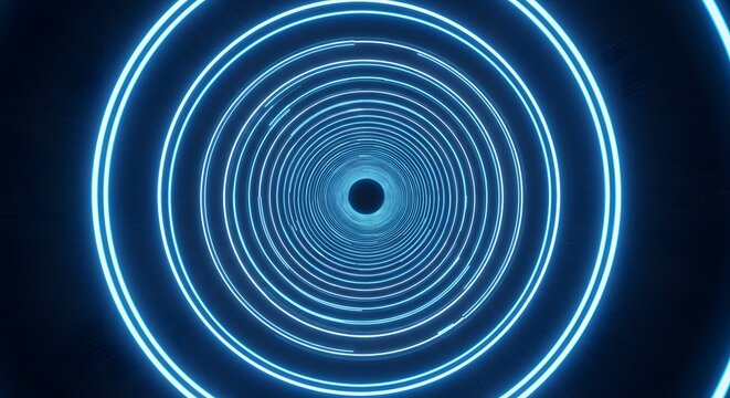 Glowing blue concentric circles form a tunnel effect, receding into a dark background, creating a sense of depth and perspective.
