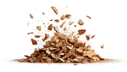 Pile of fragmented wood pieces exploding outwards from a central mound on a black backdrop