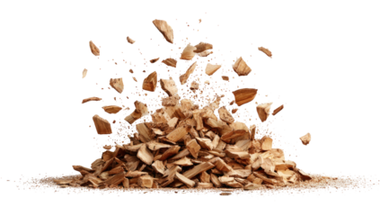 Pile of fragmented wood pieces exploding outwards from a central mound on a black backdrop