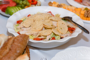 Food on the festive table. Cold appetizers for the banquet.