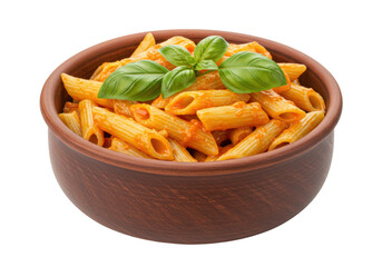 Penne pasta with tomato sauce and basil in a rustic bowl isolated on transparent background, Italian cuisine dish for restaurant menu