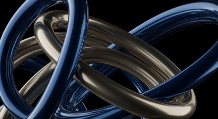 Dynamic abstract image featuring interwoven reflective blue and bronze tubular structures against a dark background, creating a sense of complexity and flow.