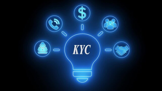 K Y C Know Your Customer concept light bulb with icons for security identity verification finance communication and partnership glowing neon blue on black background