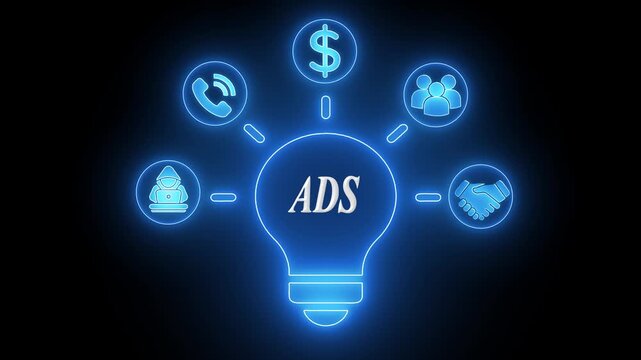 Digital advertising strategy concept glowing neon light bulb with icons for marketing sales communication team and hacking on dark background