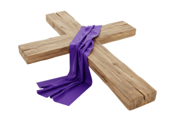 Wooden cross with purple sash isolated on transparent background, Christian symbol of Lent and Easter for religious design