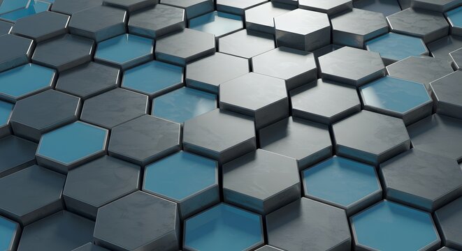 Abstract geometric background with raised gray metallic hexagons and blue recessed shapes, creating a textured surface.