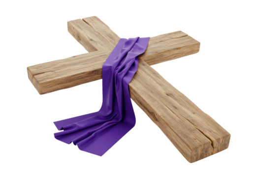 Wooden cross with purple sash isolated on transparent background, Christian symbol of Lent and Easter for religious design