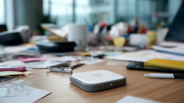 Closeup medium shot of a compact wireless charger on a cluttered office desk with blurred papers and pens scattered behind.