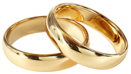 Two gold wedding rings, one partially overlapping the other, reflecting light