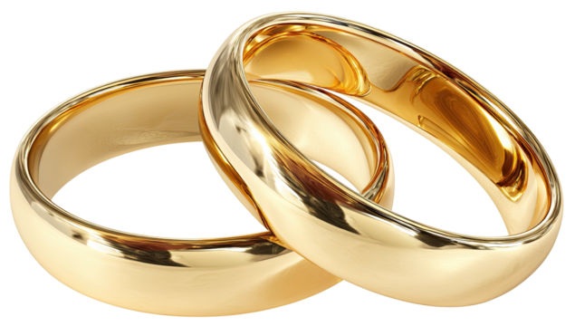Two gold wedding rings, one partially overlapping the other, reflecting light