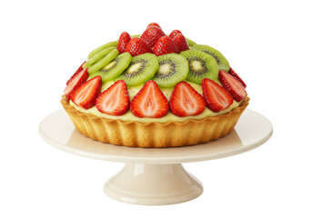 Delicious fruit tart with strawberries and kiwi isolated on a cake stand, gourmet dessert for patisserie and bakery concepts