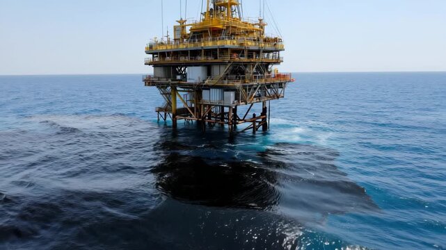 An oil spill spreads across the ocean surface near an offshore drilling platform, highlighting environmental concerns. The situation shows the impact on marine life