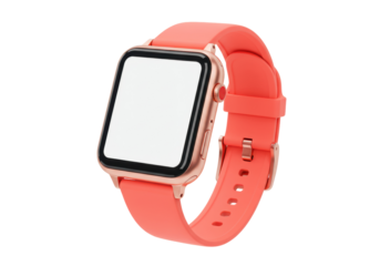 Rose gold smartwatch with coral band isolated on white, modern wearable tech for fitness tracking and communication PNG