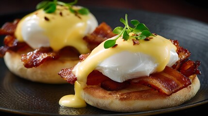 Two beautifully prepared breakfast dishes showcase eggs benedict, comprised of poached eggs atop toasted bread, crispy bacon slices, and drizzled with rich yellow sauce.