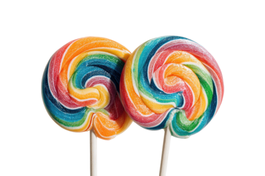 Two colorful spiral lollipops on a black background, showcasing vibrant rainbow hues